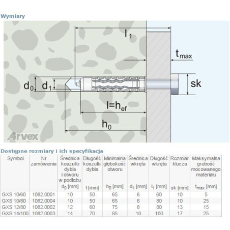 DYBEL UNIVERSALNY WKRĘT ŁEB SZEŚCIOKĄTNY GXS 10/60MM        