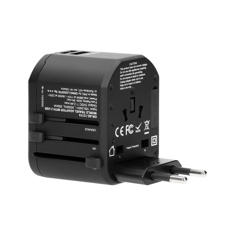 ADAPTER PODRÓŻNY 100-240V 8A 2XUSB 5V 2,4A INTELIGENTNA     